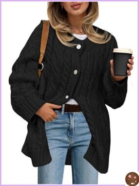 Cable Knit Cardigan Sweater Chunky Button Up Long Sleeve Crew Neck Loose